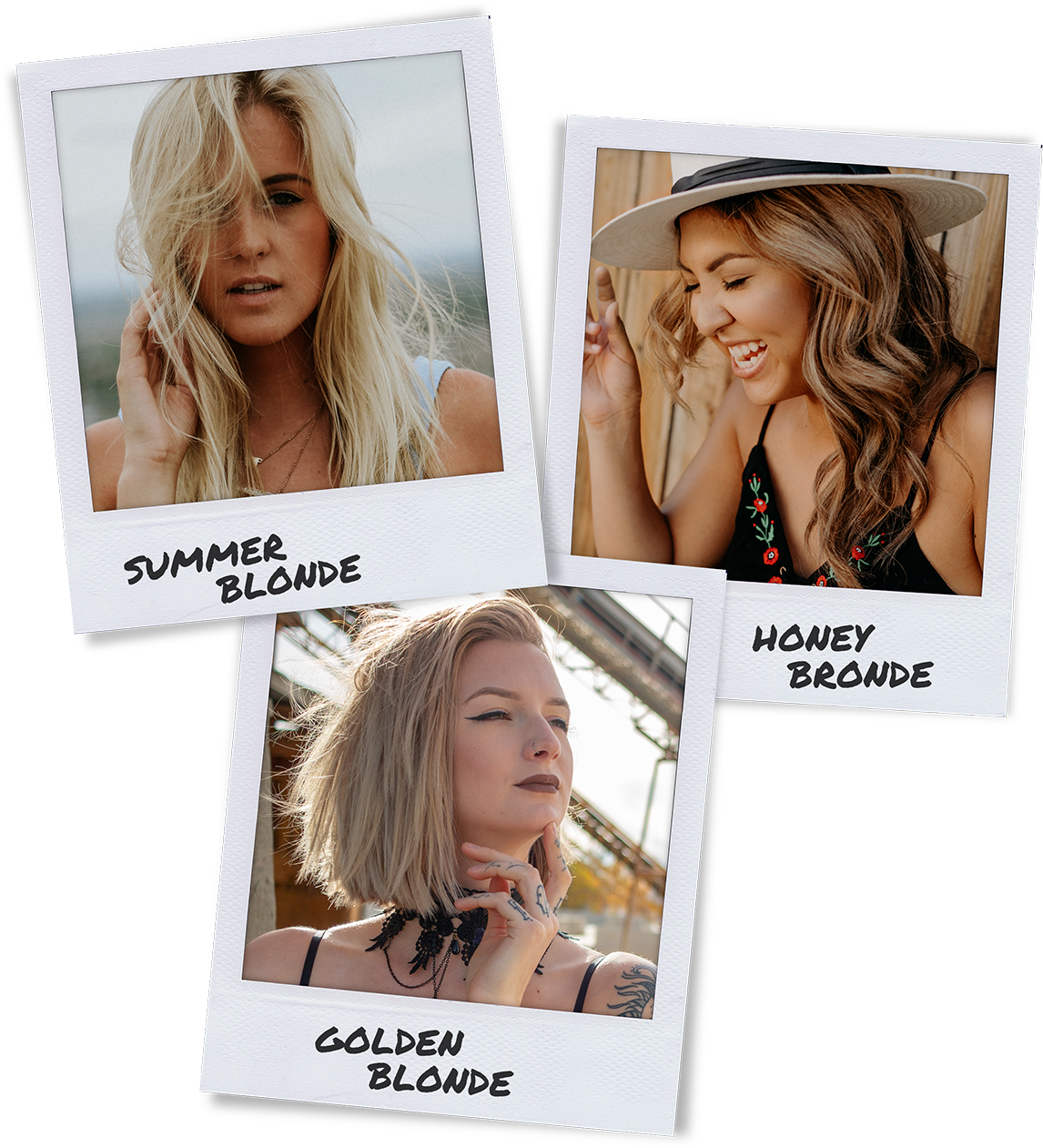 3 polaroids of different shades of blondes